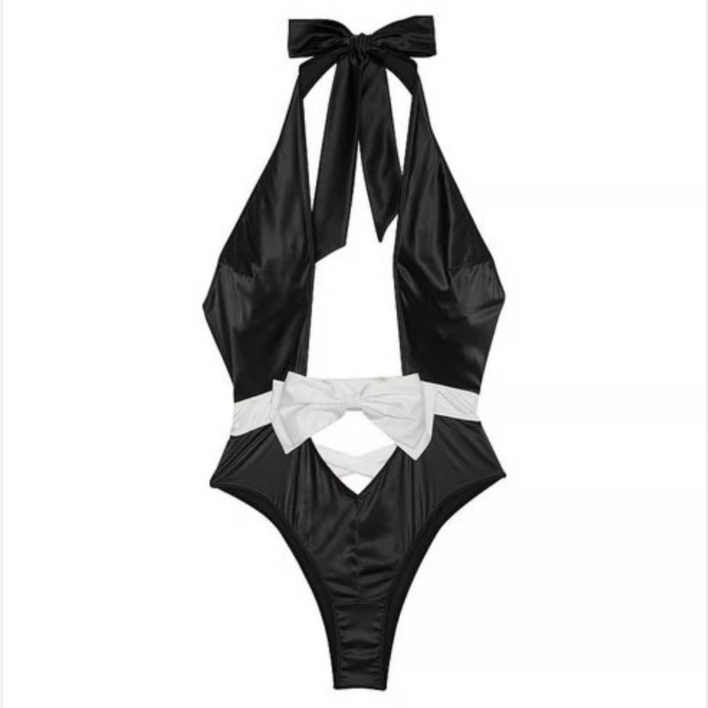 Victoria's Secret Black and White Bow- Topped High- Neck Teddy